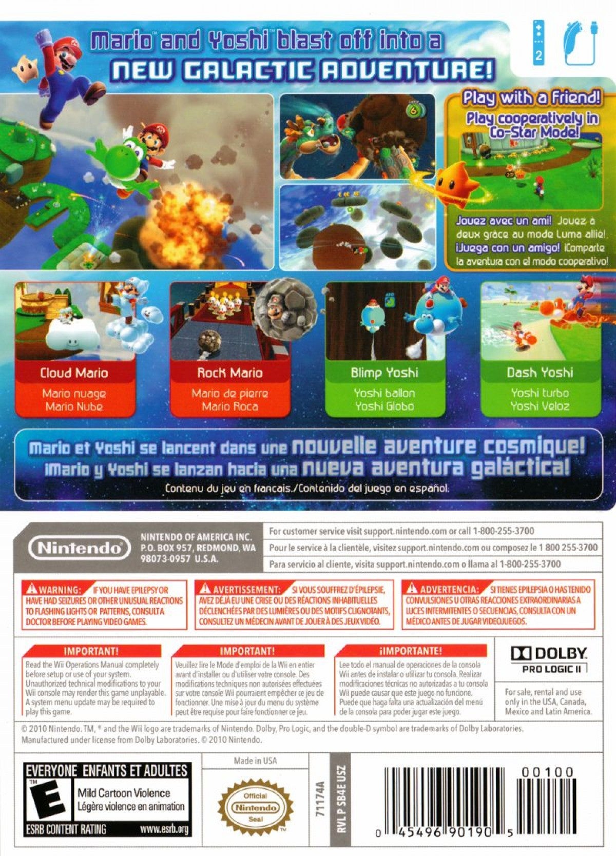 Super Mario Galaxy 2 Nintendo Wii for platforming video game fans featuring gravity defying gameplay imaginative galaxy exploration creative level design power ups Yoshi companion challenging platforming colorful worlds classic Nintendo adventure collectible gaming appeal back cover art