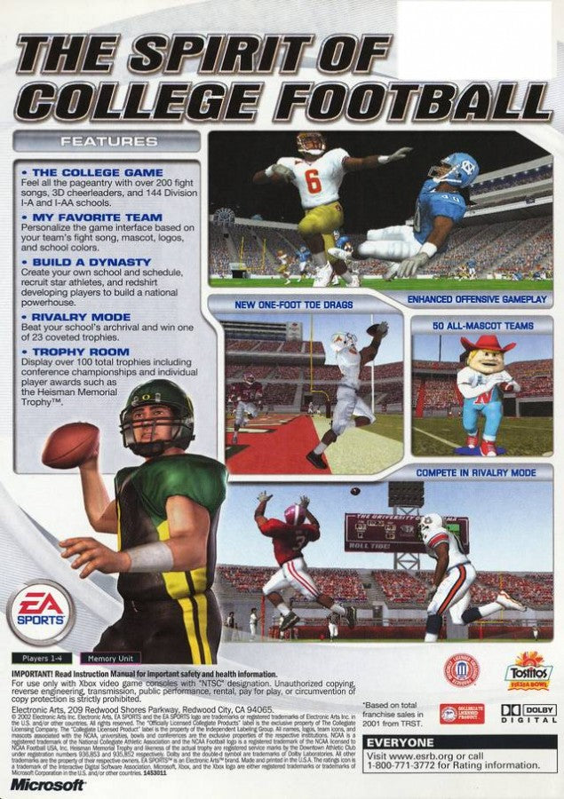 NCAA Football 2003 back cover art for Xbox (XBOX) video game