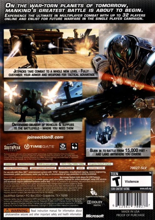 Section 8 back of case for Xbox 360 (X360) sci-fi first-person shooter video game