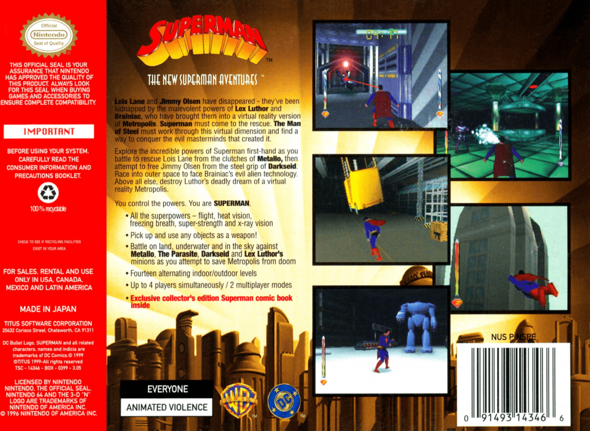 Superman 64 back cover art for Nintendo 64 (N64) video game