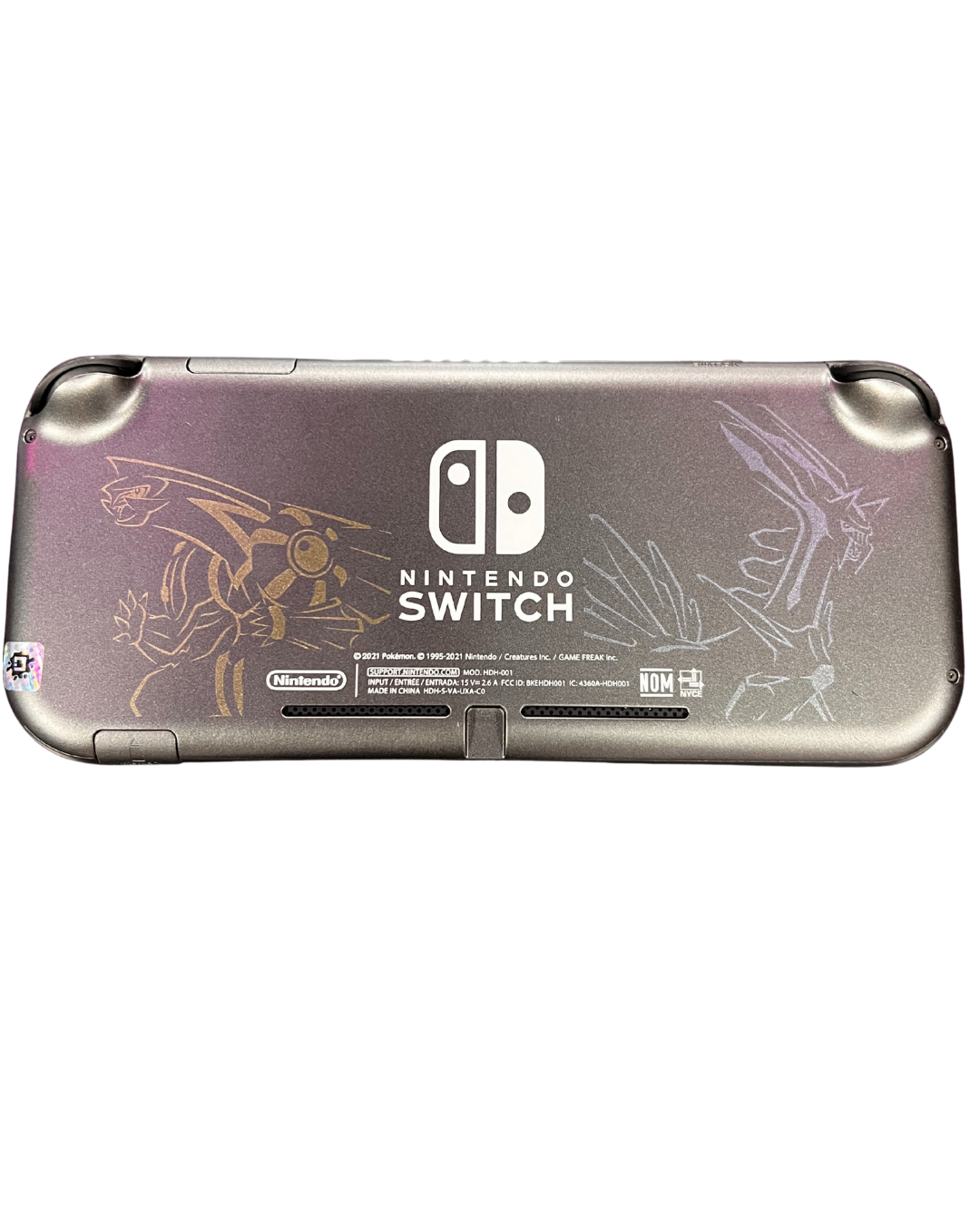 Back view of the Nintendo Switch Lite Palkia and Dialga Edition console with dark gray casing and silver line art of Dialga and Palkia.