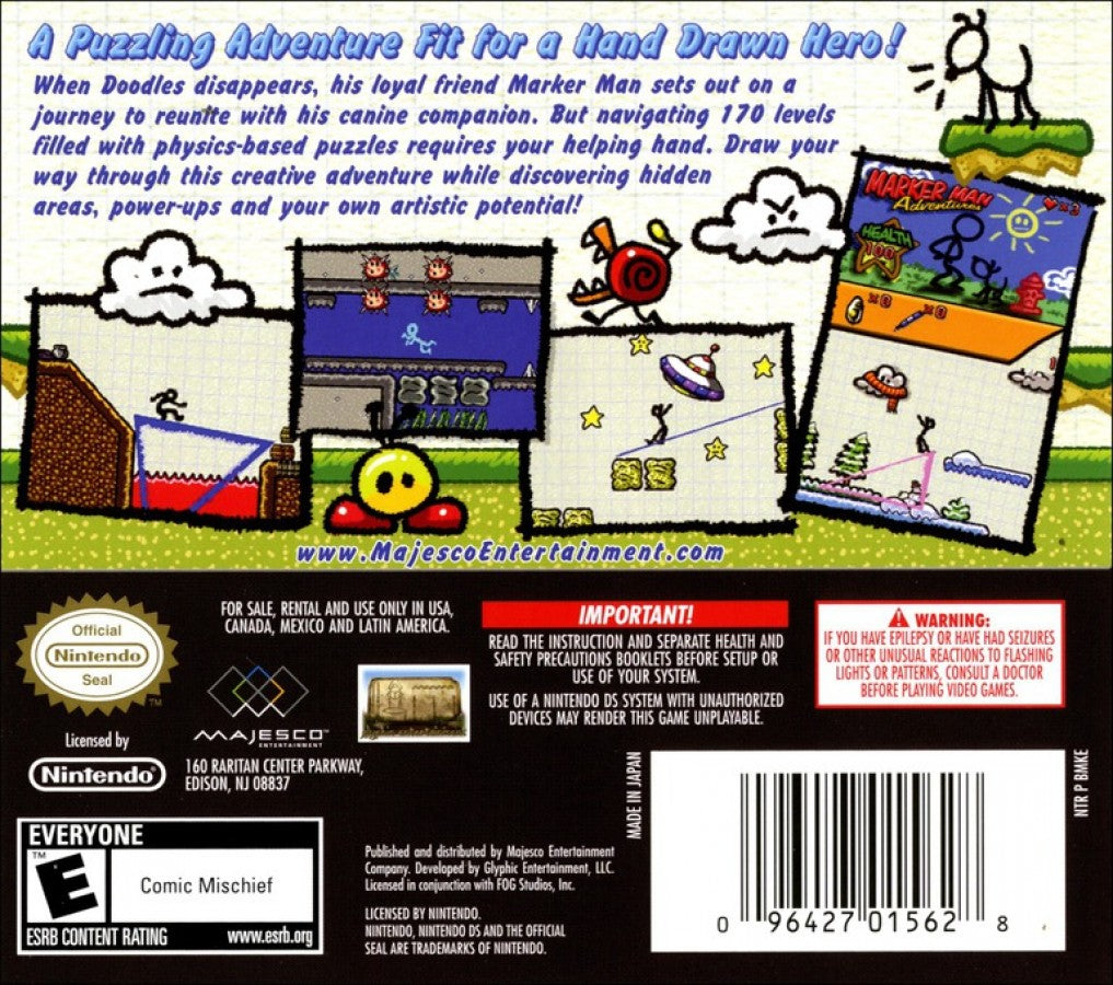 Marker Man Adventures for Nintendo DS, back of case for a puzzle platformer video game with drawing-based gameplay, creative level navigation, and stylus-controlled challenges