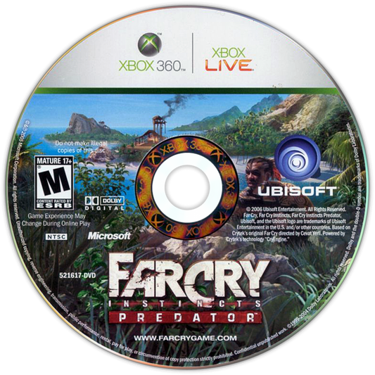 Far Cry Instincts Predator Xbox 360 first person shooter featuring open ended tropical island environments enhanced predator abilities stealth and action gameplay vehicle combat multiplayer modes and intense survival combat by Ubisoft disc