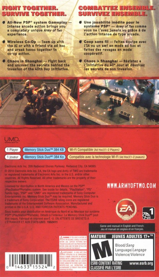 Army of Two: The 40th Day – PlayStation Portable (PSP) back of case for cooperative third-person shooter video game