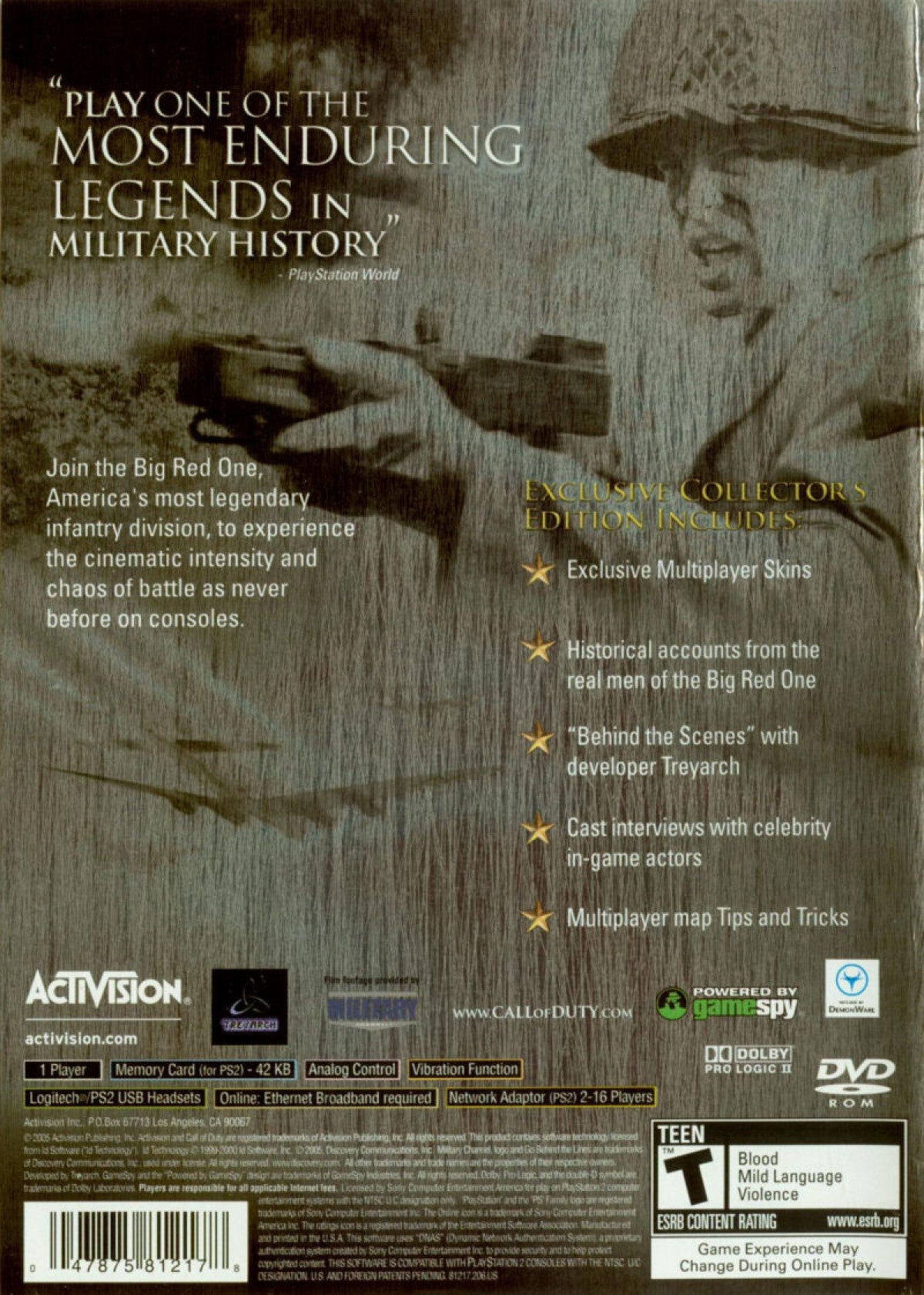 Call of Duty 2: Big Red One Collector’s Edition for PlayStation 2 with World War II themed military action back cover art