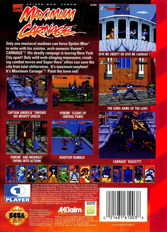 Spider Man Maximum Carnage back cover art for Sega Genesis GEN video game