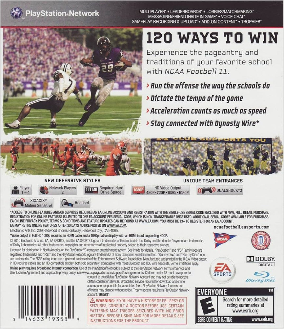NCAA Football 11 for PlayStation 3 (PS3) at Gamers INC, featuring an authentic college football experience with a revamped ESPN-style presentation, dynamic lighting, and explosive new locomotion mechanics for smooth and realistic player movement on the field back cover