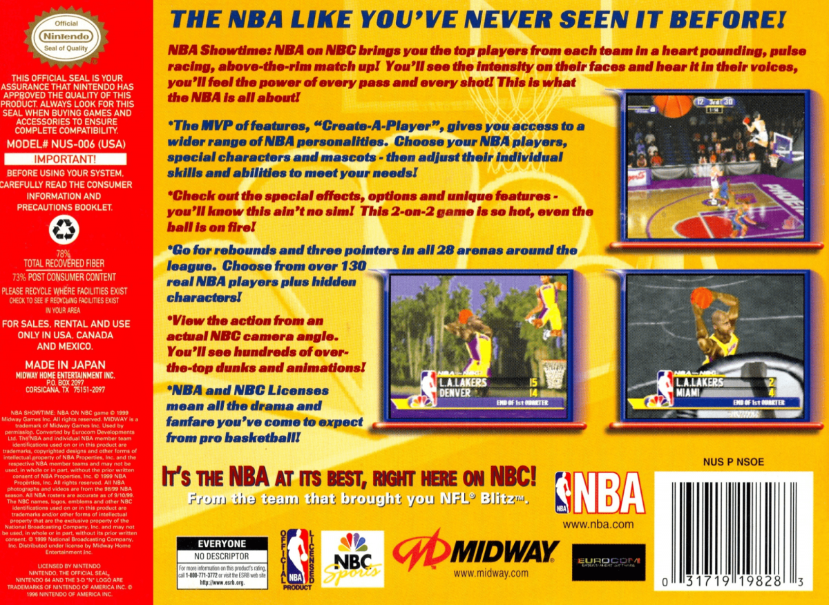 NBA Showtime NBA on NBC back cover art for Nintendo 64 N64 video game
