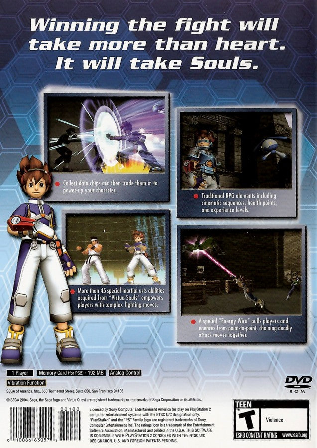 Virtua Quest PlayStation 2 PS2 for action adventure video game fans featuring hack and slash combat futuristic virtual world exploration action role playing gameplay character upgrades challenging enemies Sega arcade inspired adventure immersive storytelling collectible gaming appeal gameplay back cover art