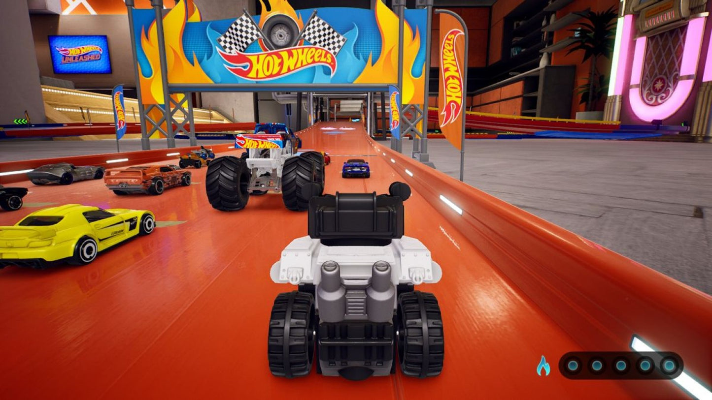 Hot Wheels Unleashed PlayStation 5 racing game featuring fast paced arcade style racing iconic Hot Wheels vehicles customizable tracks split screen and online multiplayer modes and vibrant high speed gameplay with detailed miniature car environments gameplay