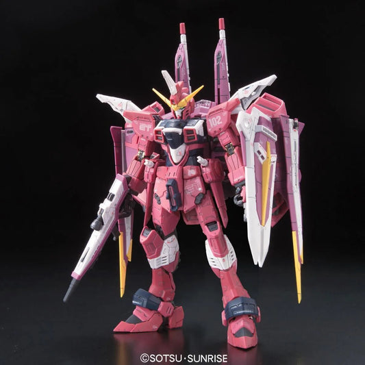 Gundam RG Justice Gundam Model Kit featuring Real Grade Gunpla construction highly detailed mechanical design articulated poseable model snap together assembly premium color separation display worthy craftsmanship and collectible anime model building appeal front