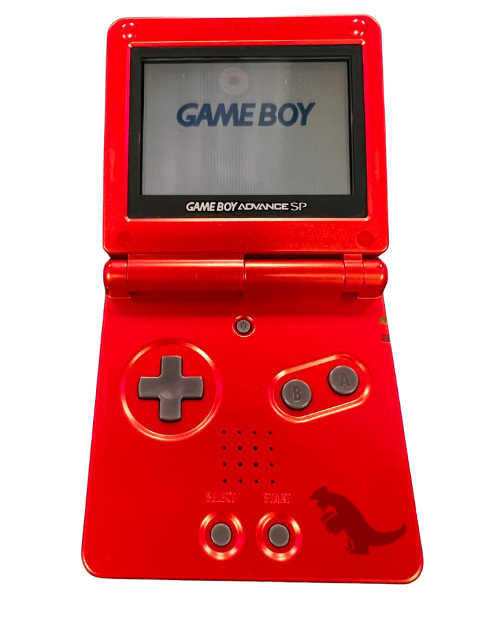 Full open view of the official Game Boy Advance SP Groudon Edition console showing its red metallic casing, inner Groudon artwork, with controls.