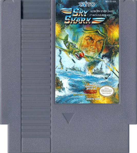 Sky Shark Nintendo Entertainment System NES for retro video game enthusiasts featuring classic vertical scrolling shoot em up gameplay World War II aerial combat fast paced arcade action challenging enemy formations powerful weapon upgrades and collectible gaming appeal cart