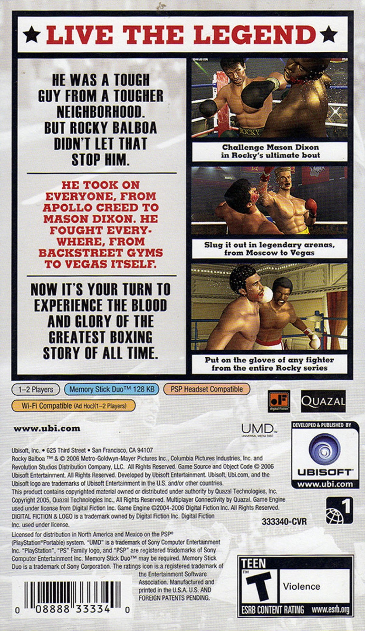 Rocky Balboa PlayStation Portable PSP video game featuring boxing sports gameplay Rocky Balboa character championship fights powerful punch combinations defensive blocking counterattacks training challenges career mode iconic boxing opponents movie inspired storylines and classic handheld PlayStation boxing action retro video game collection collectible gaming appeal back cover art