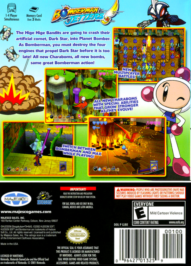 Bomberman Jetters GameCube Nintendo GameCube action puzzle game Bomberman franchise maze bombing gameplay multiplayer party battles anime based story modes Hudson Soft explosive strategy gameplay retro gaming GameCube software video game title back cover art