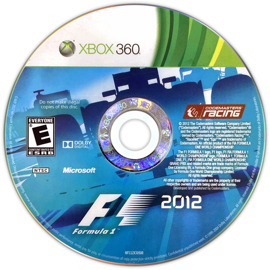 F1 2012 disc art for XBox 360 (X360) video game