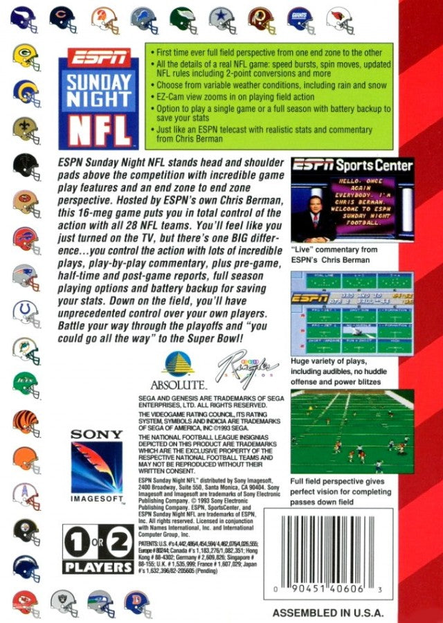 ESPN Sunday Night NFL back cover art for Sega Genesis (GEN) video game