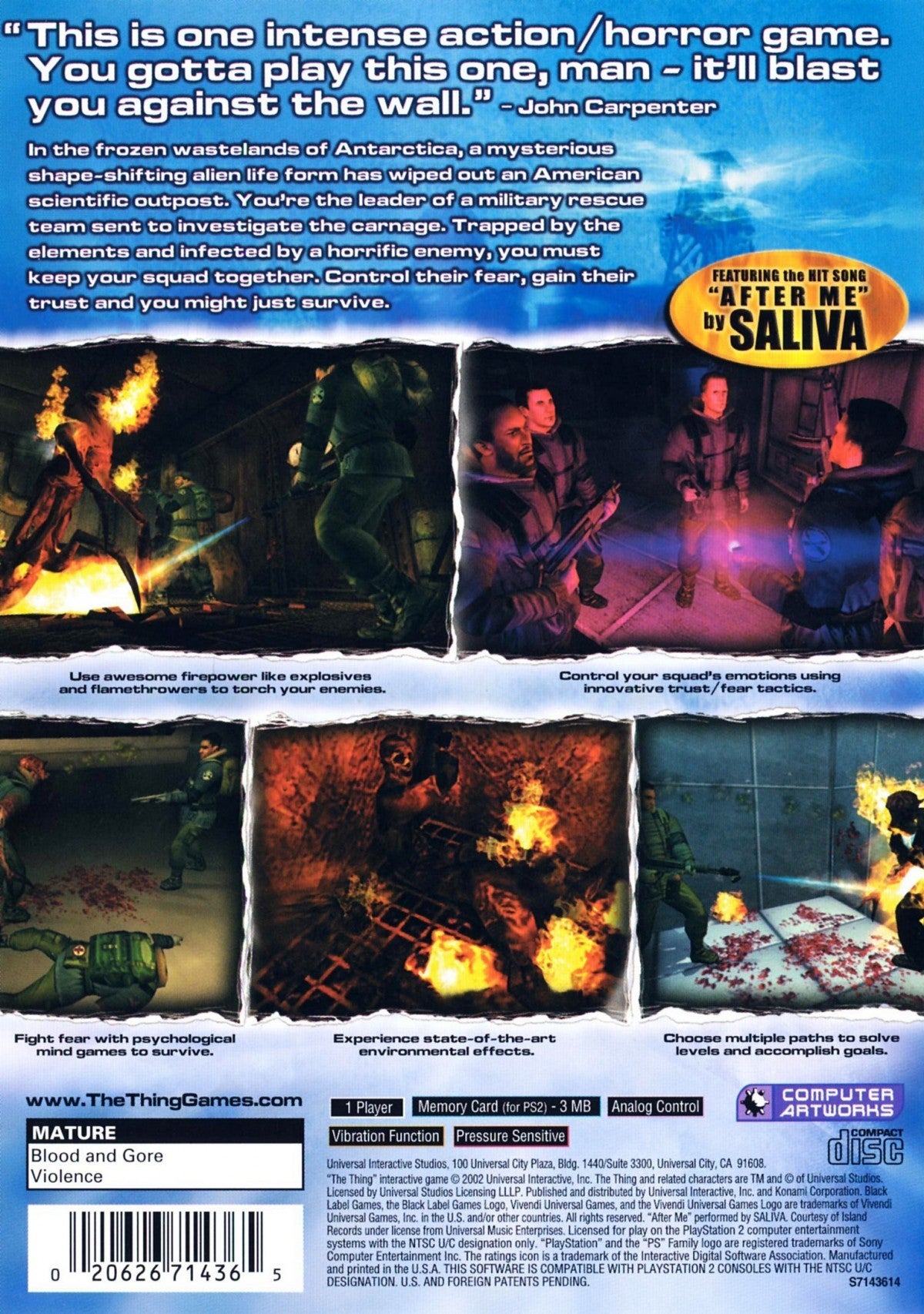 The Thing PS2 Sony PlayStation 2 survival horror game sci fi horror John Carpenter movie sequel squad based gameplay trust system infection mechanics third person shooter Antarctic setting intense atmosphere retro gaming PlayStation 2 software video game title back cover art