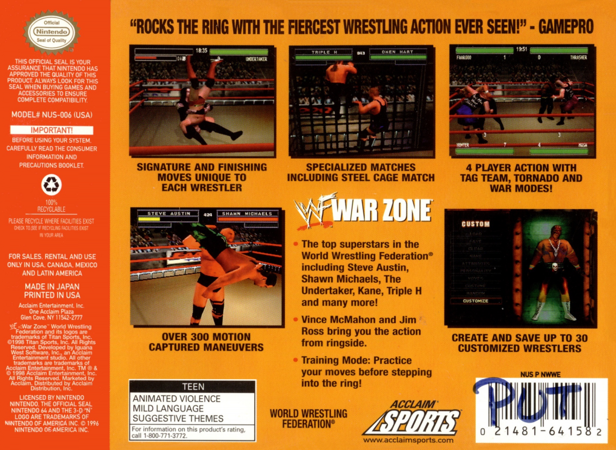 WWF War Zone back cover art for Nintendo 64 N64 video game