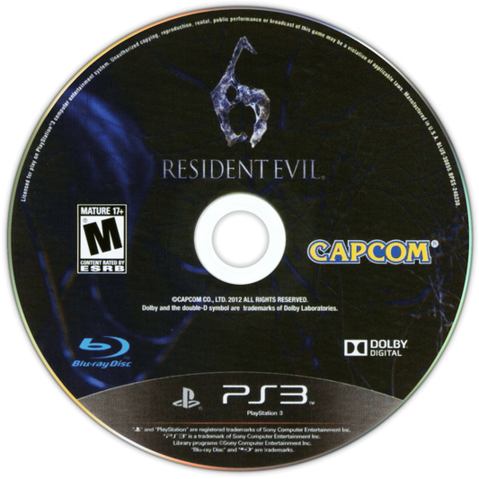 Resident Evil 6 disc for PlayStation 3 (PS3) video game