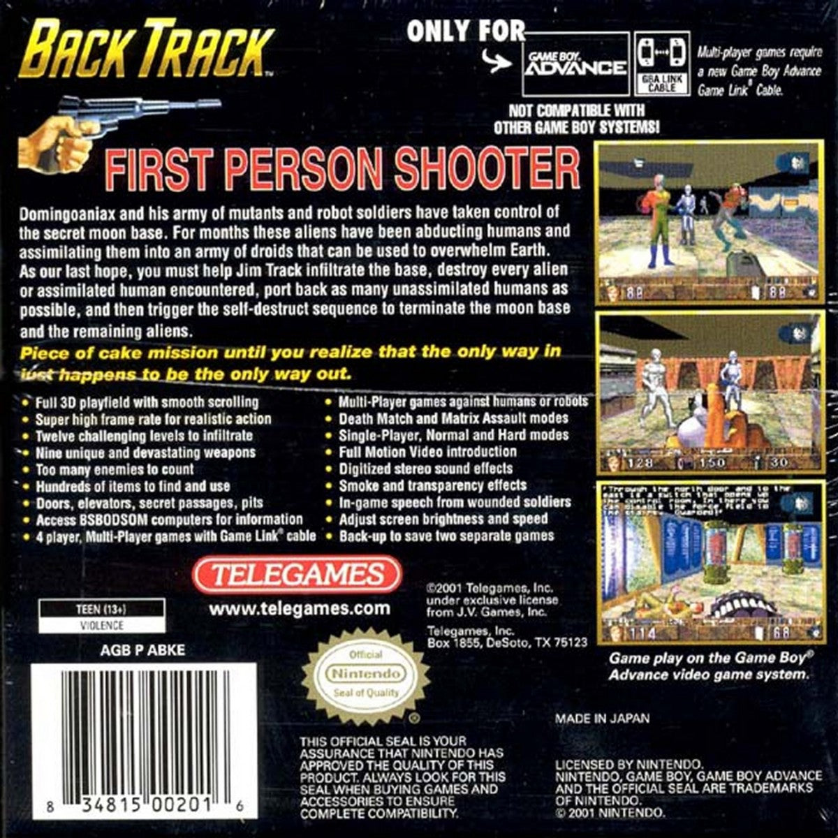 BackTrack Game Boy Advance GBA video game featuring first person shooter gameplay sci fi exploration alien environments weapon combat enemy encounters mission based action and classic handheld gaming retro video game collection collectible gaming appeal back cover art