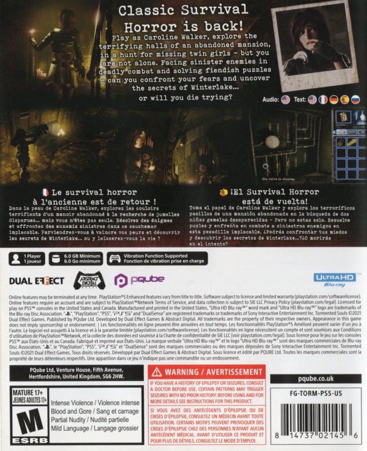 Tormented Souls PS5 game featuring classic survival horror gameplay, fixed camera angles, and a dark atmospheric storyline on PlayStation 5 back cover art