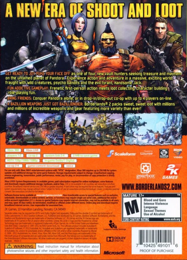 Borderlands 2 back cover art for Xbox 360 (X360) first-person shooter role-playing video game