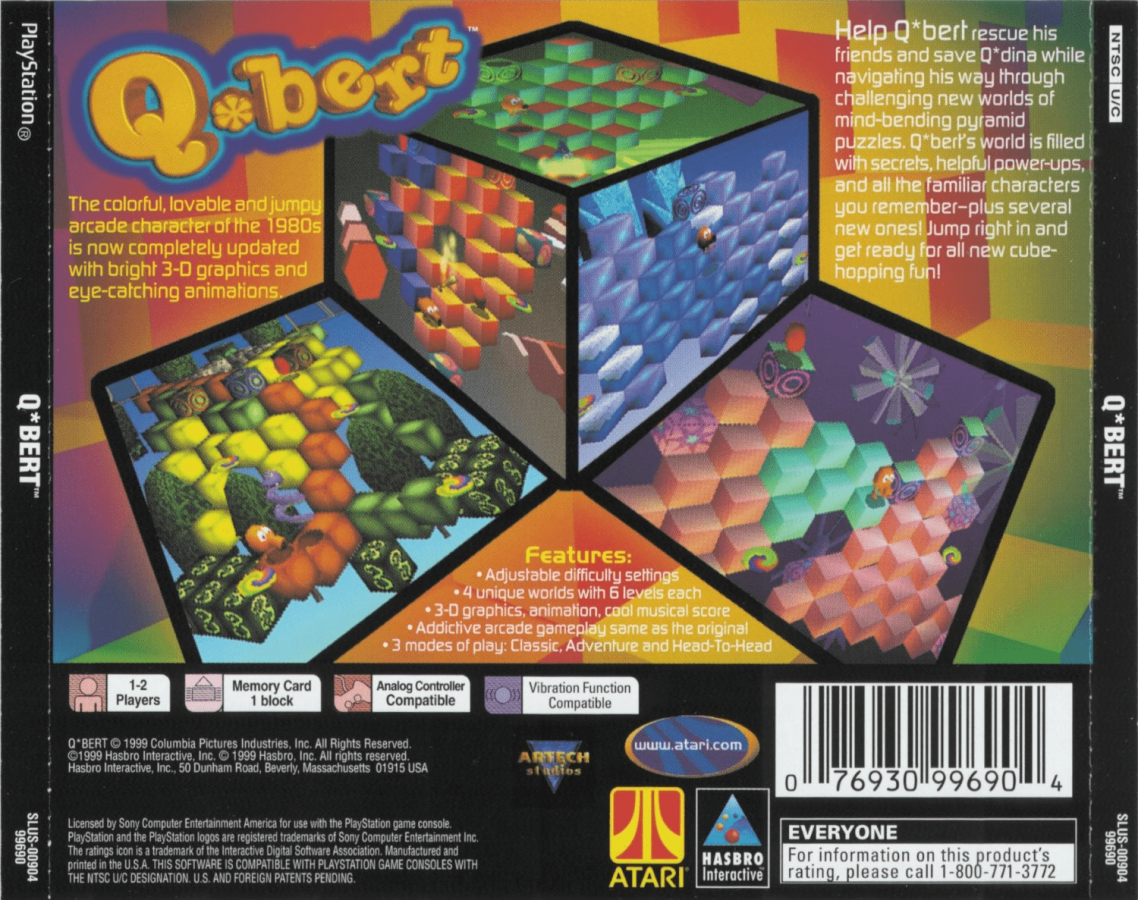 Q*bert back of case for PlayStation 1 (PS1) puzzle video game