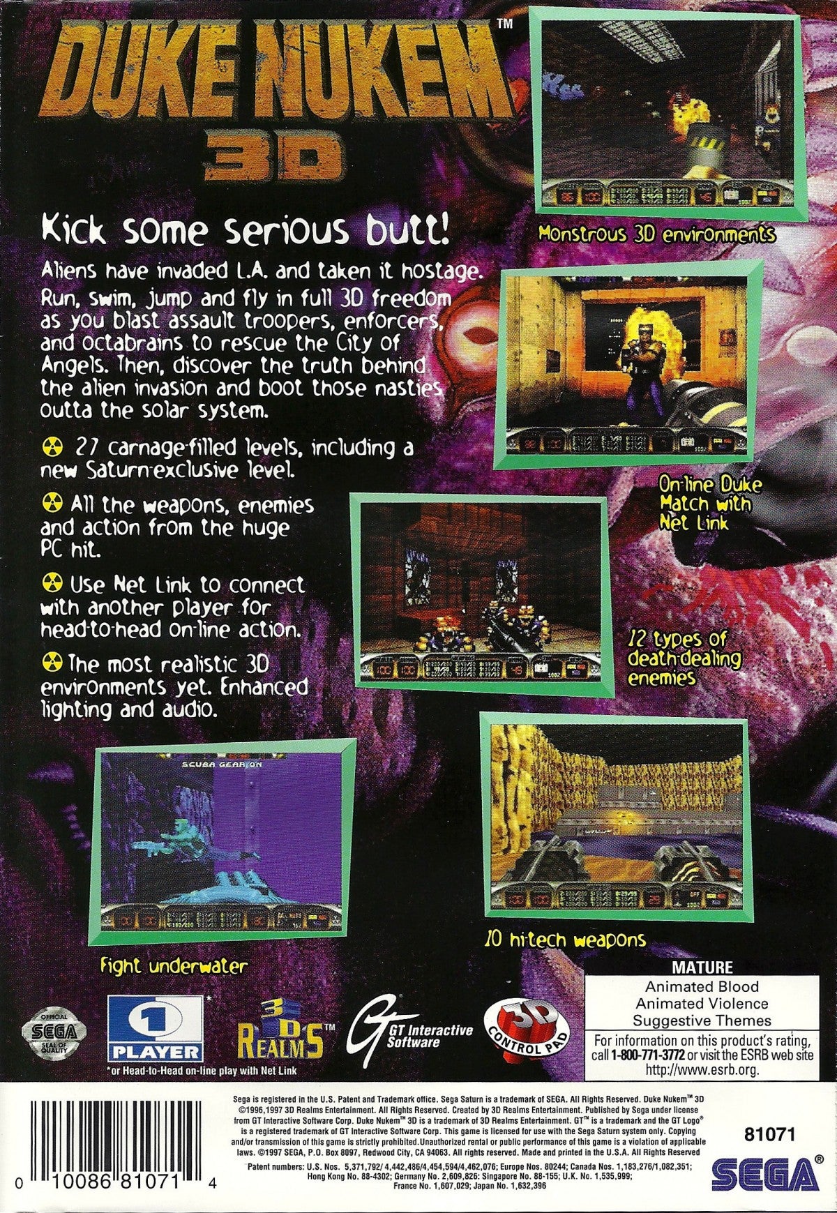 Duke Nukem 3D for Sega Saturn featuring classic retro first-person shooter action in a sci-fi setting back cover art