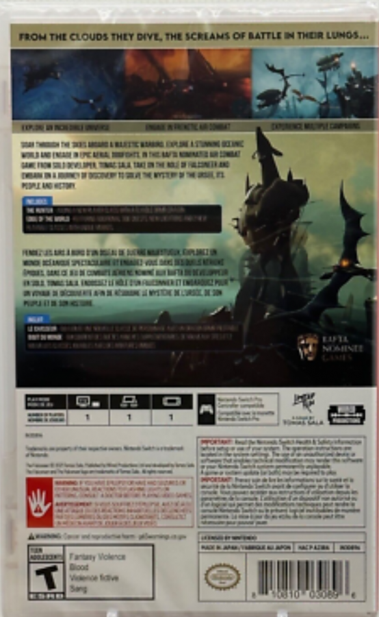 The Falconeer Warrior Edition Nintendo Switch inspired design featuring aerial combat action adventure aesthetic giant warbird flight across vast oceanic worlds high speed dogfights immersive fantasy exploration cinematic battles and open sky gameplay presentation back cover