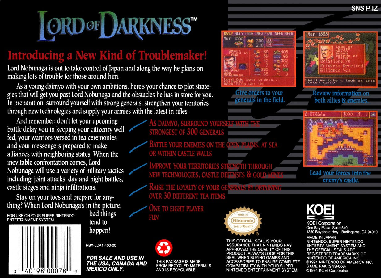 Lord of Darkness retro SNES video game Lord of Darkness fantasy action adventure medieval combat dark magic side scrolling gameplay classic console title Super Nintendo release back of case