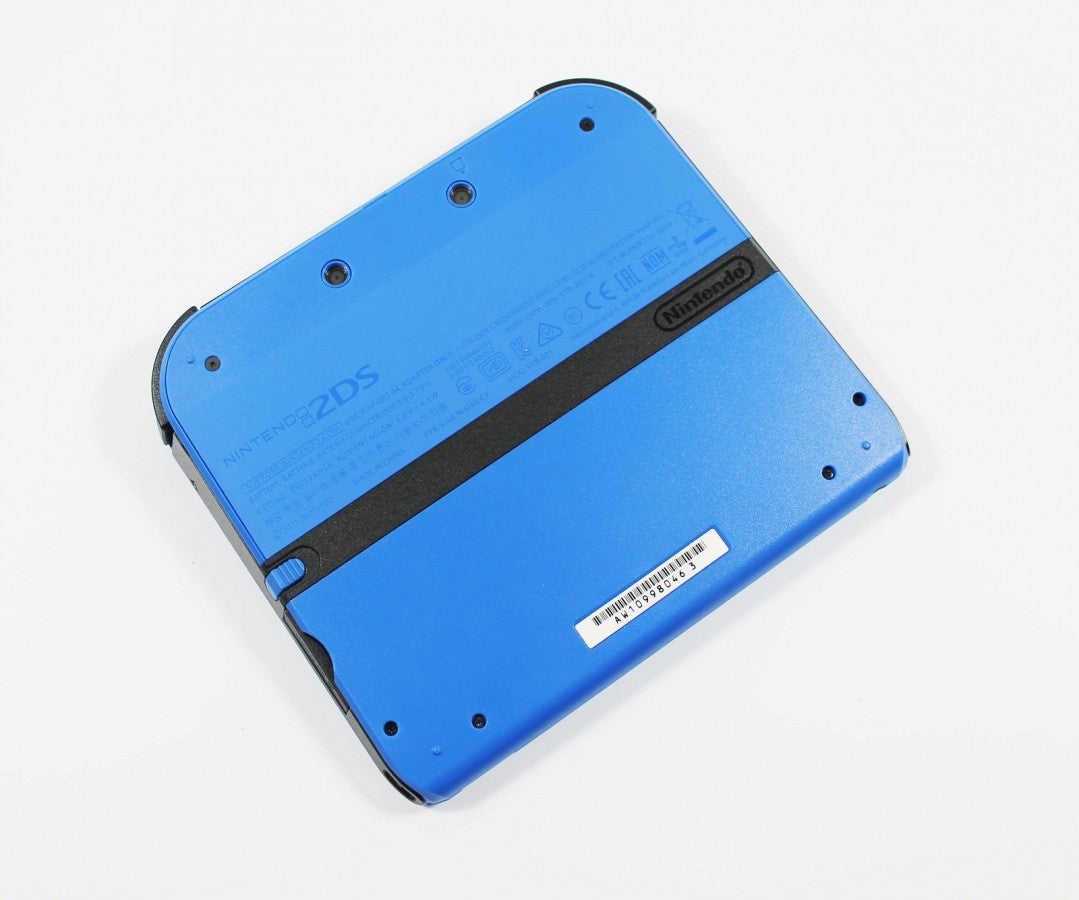 Electric Blue Nintendo 2DS console handheld gaming system blue color Nintendo 2DS hardware portable console dual screen touch screen stylus support backward compatible Nintendo DS games built in controls gaming device handheld system view of back of system