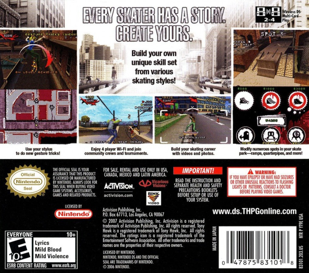 Tony Hawk’s Proving Ground for Nintendo DS skateboarding video game featuring trick based gameplay career progression customizable skaters classic Tony Hawk controls adapted for handheld play and an on the go skateboarding experience back cover