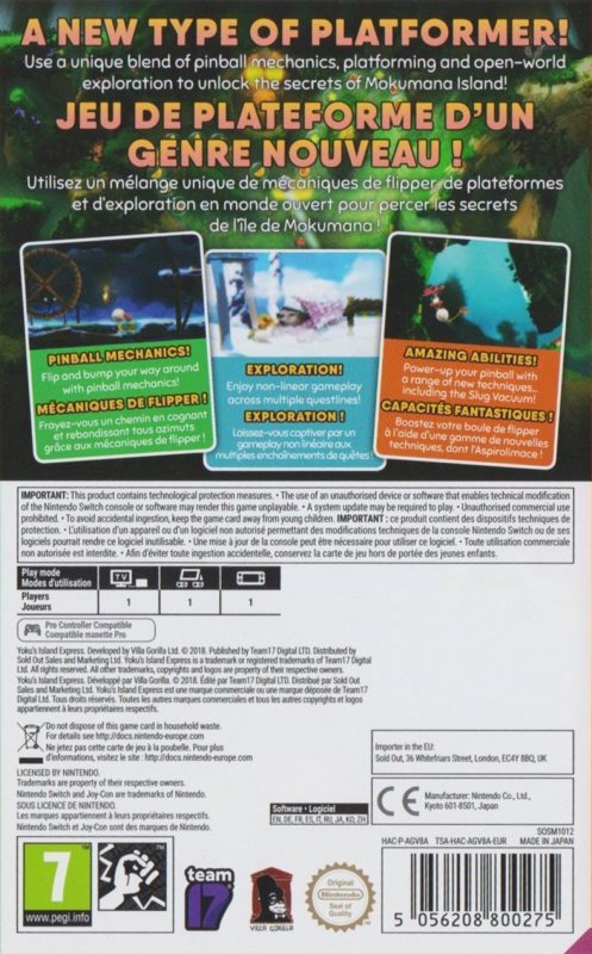 Yoku's Island Express Nintendo Switch inspired design featuring charming pinball platform adventure aesthetic vibrant tropical island exploration unique physics based gameplay colorful characters whimsical quests open world discovery and family friendly fun presentation back cover
