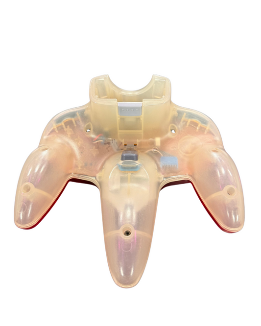 Back view of clear and red Nintendo 64 controller original wired gaming accessory