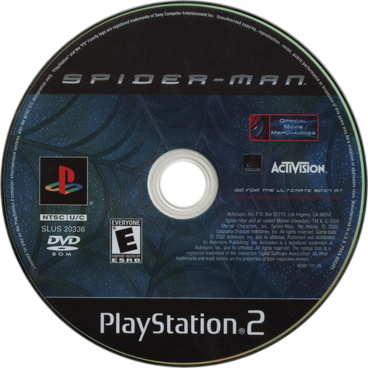 Spider-Man – PlayStation 2 (PS2) video game disc, action-adventure superhero game.