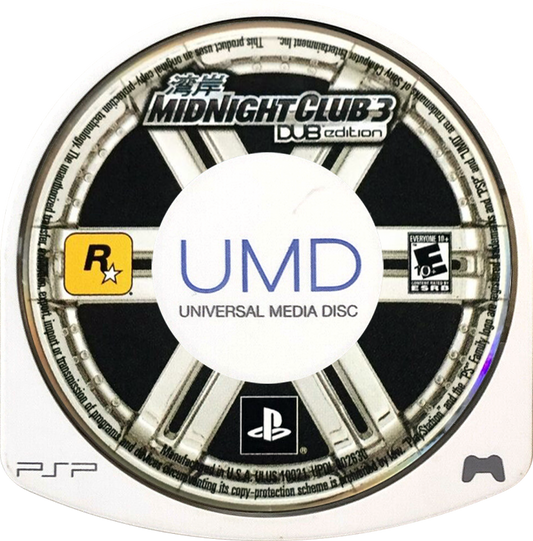 Midnight Club 3 DUB Edition for PlayStation Portable, cartridge for an open-world racing video game with street racing gameplay, car customization, fast-paced driving, and urban environments