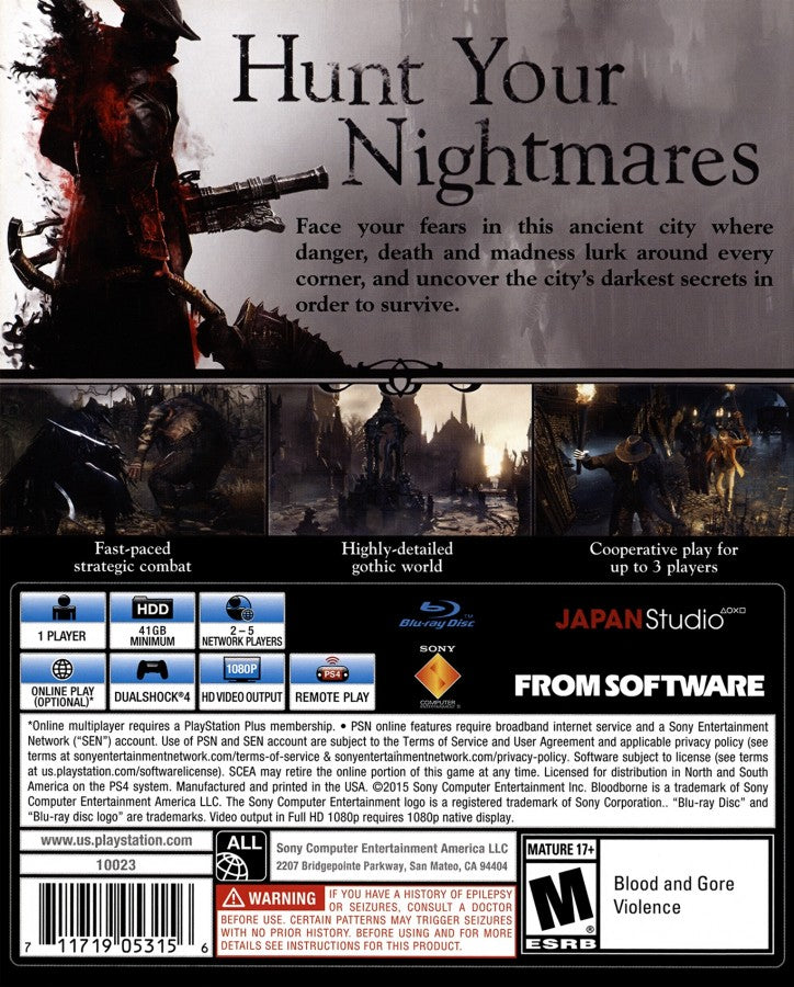 Bloodborne PlayStation 4 game featuring challenging action RPG combat and dark gothic horror exploration back cover