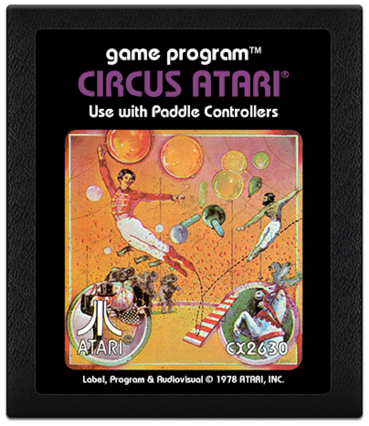 Circus Atari retro Atari 2600 video game featuring arcade carnival gameplay, trampoline action, balloon popping challenges and classic Atari entertainment - cartridge