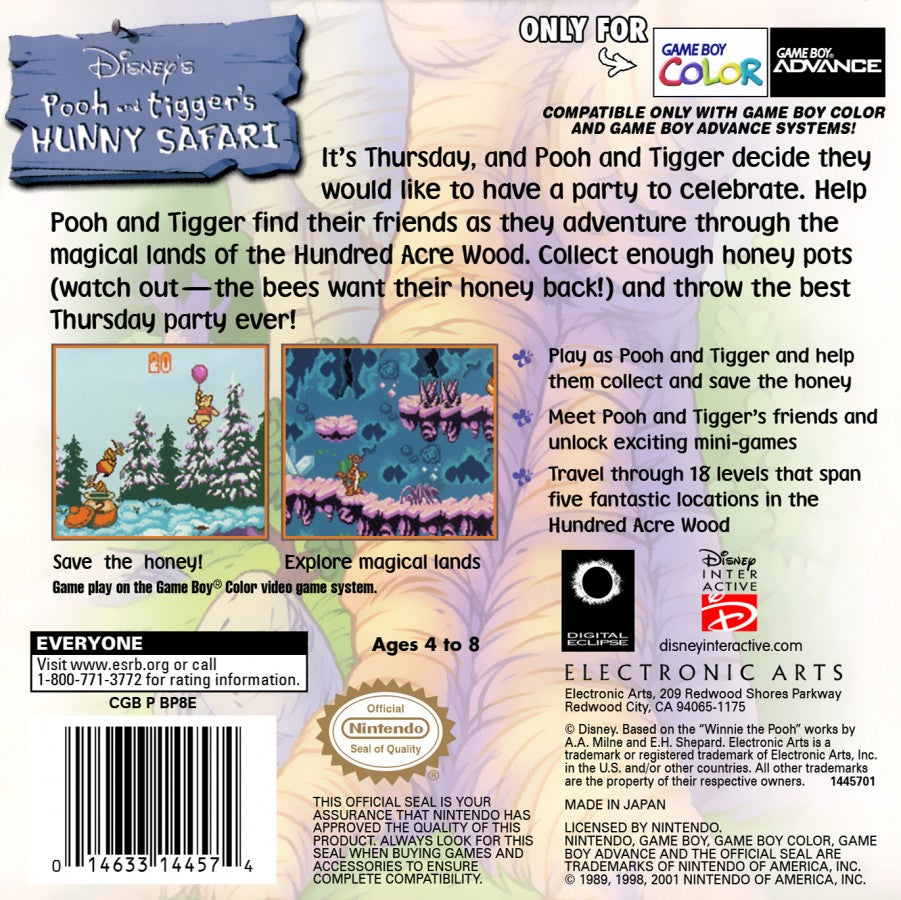 Disney’s Pooh and Tigger’s Hunny Safari for Game Boy Color, back of case for an educational adventure video game with mini-games, exploration, puzzle-solving, and family-friendly gameplay