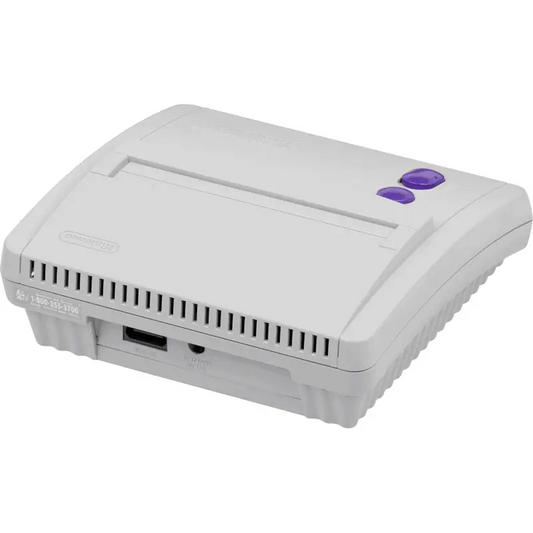 Back view of the Super Nintendo Entertainment System Jr. (SNES Jr.) console showing power input, AV output, and channel switch.