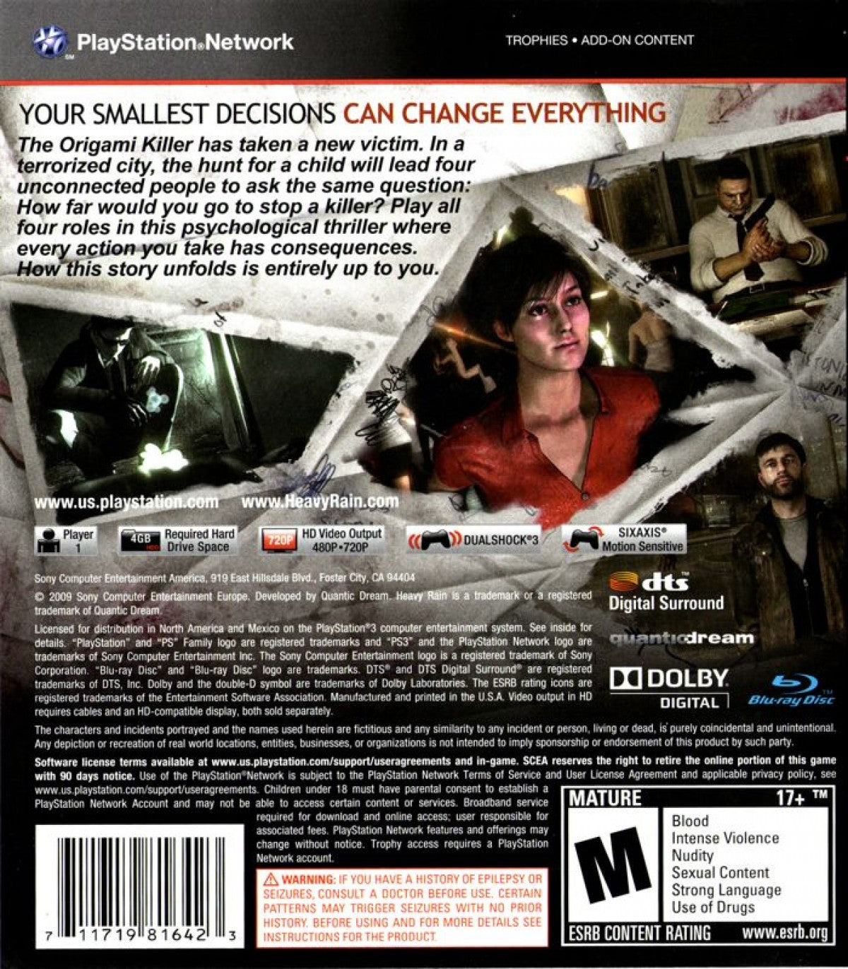 Heavy Rain back cover art for PlayStation 3 (PS3) video game