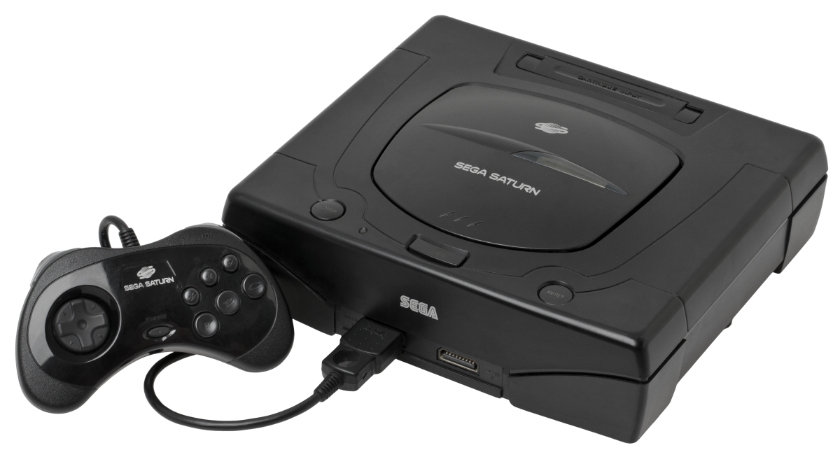 Sega Saturn console featuring classic 90s design and retro CD-based gaming system view with controller