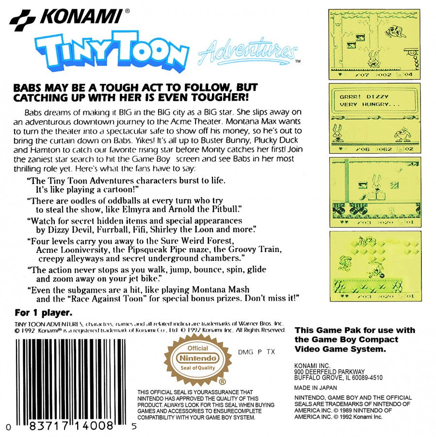 Tiny Toon Adventures Babs Big Break back cover art for Game Boy (GB) video game