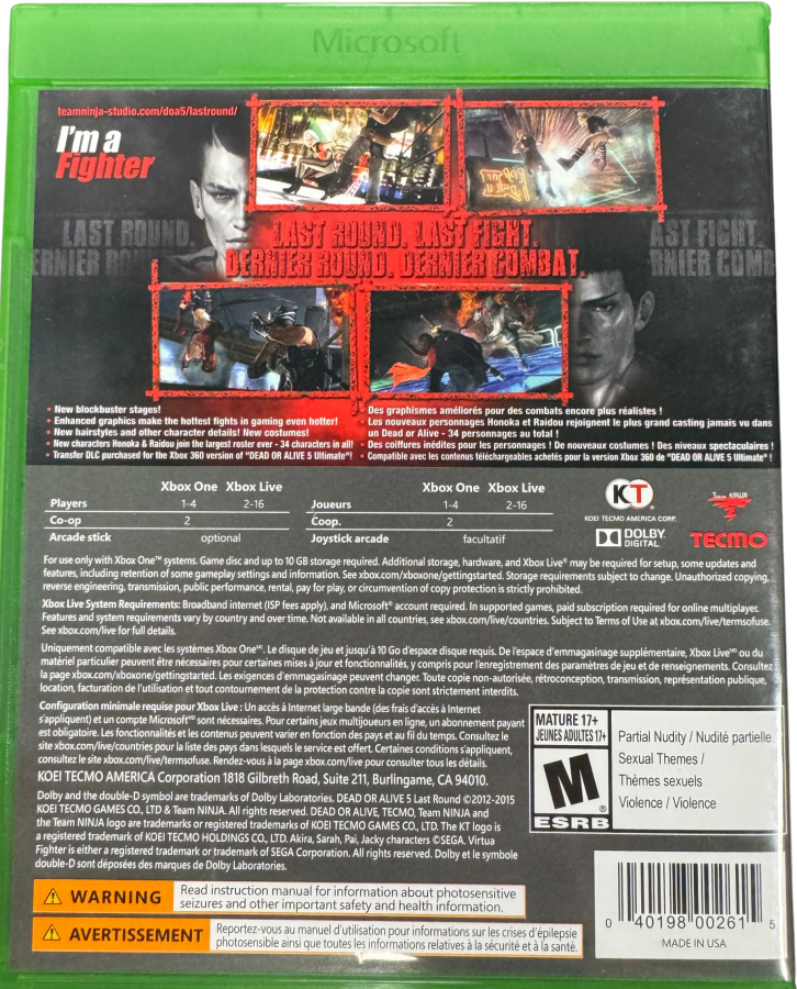 Dead or Alive 5 Last Round Xbox One XONE video game featuring 3D fighting gameplay iconic Dead or Alive characters martial arts combat fast paced battles counter attacks combo moves interactive stages destructible environments character costumes competitive multiplayer matches and enhanced Last Round edition content retro video game collection collectible gaming appeal back cover art