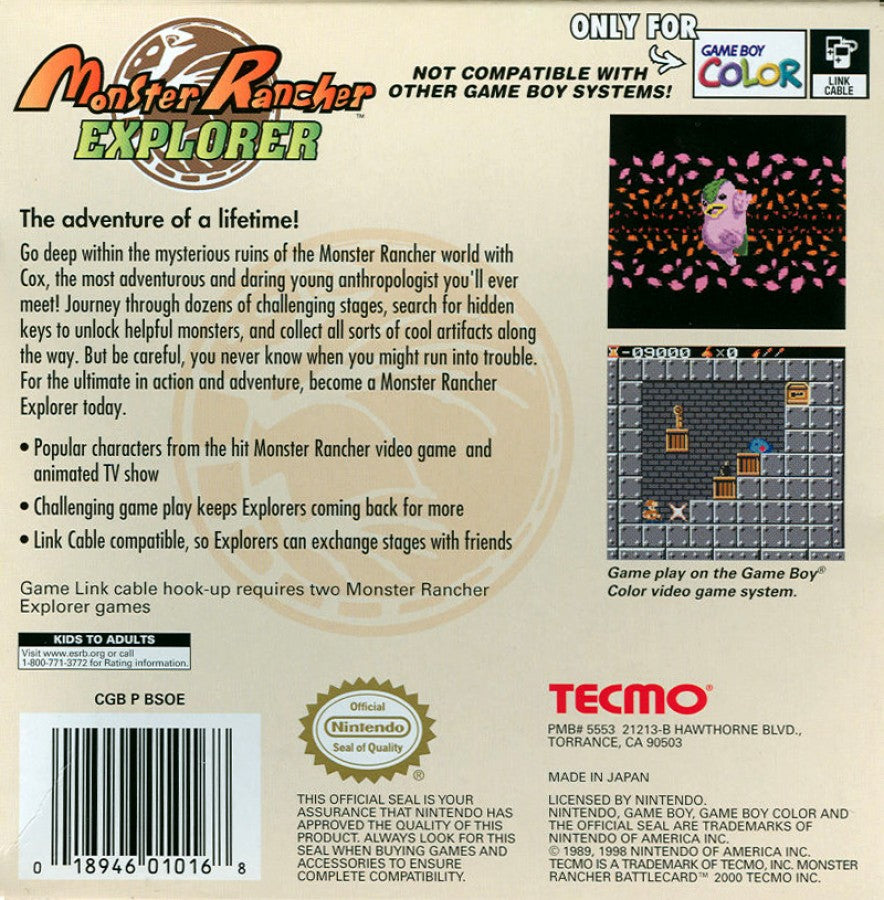 Monster Rancher Explorer Game Boy Color GBC video game featuring monster collecting adventure gameplay creature exploration training challenges battles item collection colorful environments and classic handheld gaming retro video game collection collectible gaming appeal back cover art