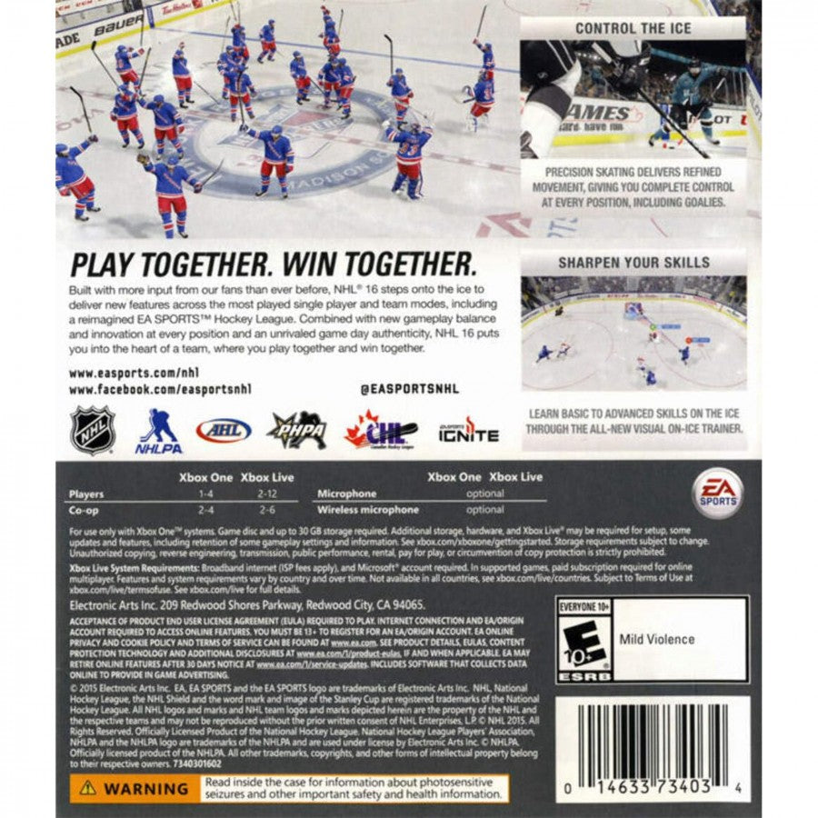 NHL 16 back of case for Xbox One (XONE) sports hockey video game