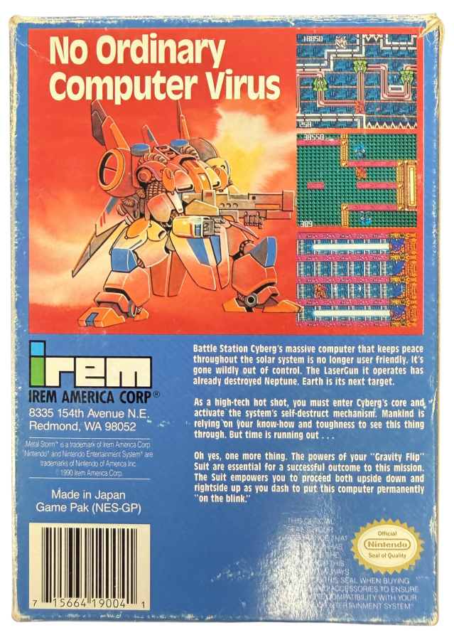 Metal Storm Nintendo Entertainment System NES for retro video game enthusiasts featuring side scrolling action platforming gameplay gravity switching mechanics futuristic robot combat challenging sci fi levels precision platforming and collectible gaming appeal back cover art