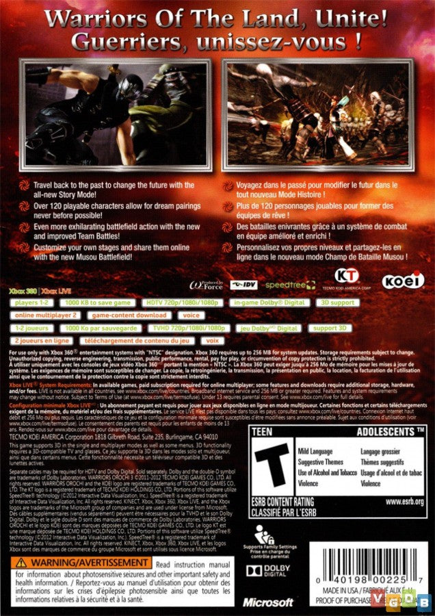 Warriors Orochi 3 Xbox 360 X360 for retro video game enthusiasts featuring hack and slash action gameplay massive enemy battles legendary warriors character switching special attacks battlefield exploration and collectible gaming appeal back cover art