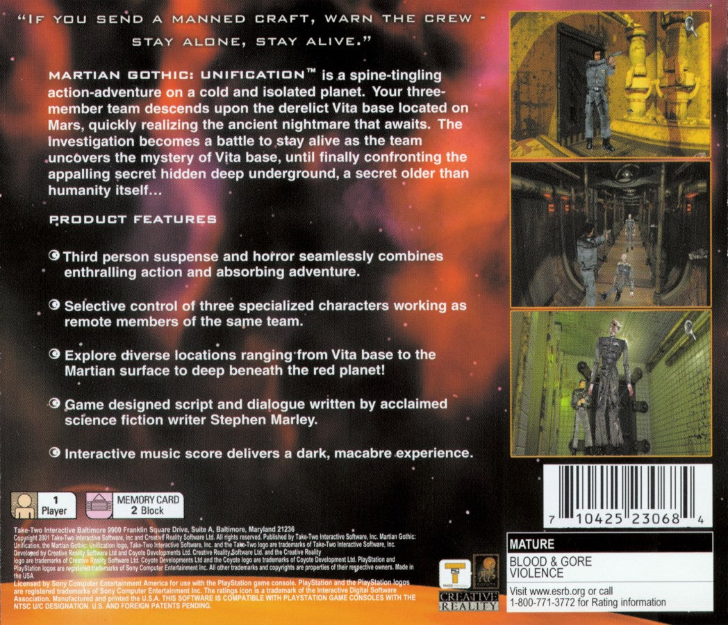 Martian Gothic Unification PS1 PlayStation 1 survival horror sci fi mystery game space station horror investigation zombie infection puzzle solving retro video game back cover art